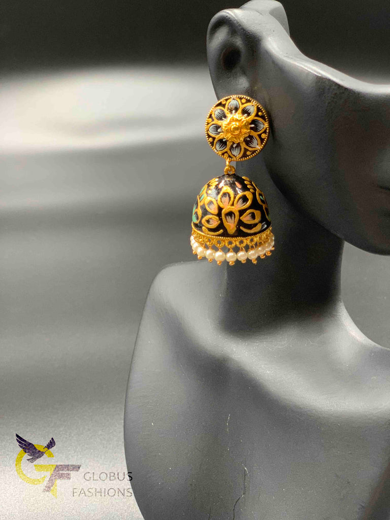 Beautiful enamel hand painted with kundan stones jumka earrings