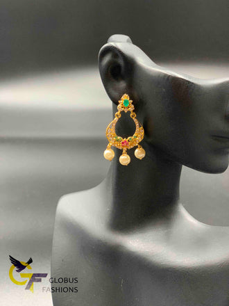 Simple design multicolor stones with pearls chandbali earrings
