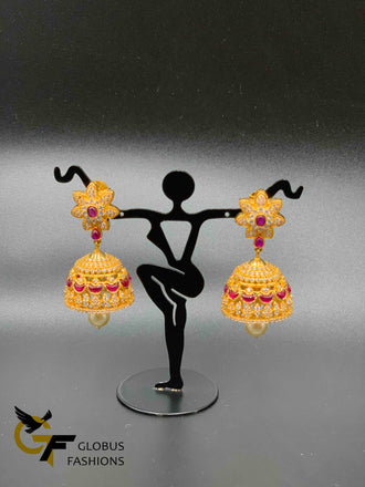 Traditional look ruby and cz stones jumka earrings