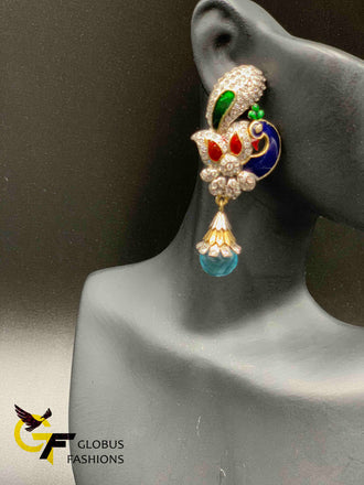Peacock design cz stones with green and blue German silver earrings