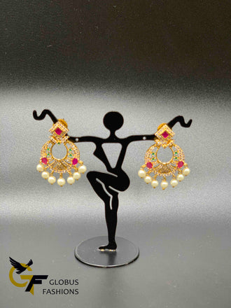 Cz stones and ruby stones with pearls chandbali earrings