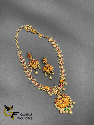 Elegant design multi-color stones and uncut CZ stones with pearls necklace set