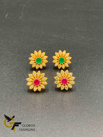 Cz stones with emerald and ruby stones flower design earrings