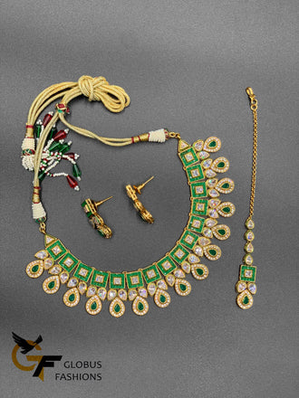 Beautiful rajwadi kundan stones with emerald stones necklace set with Tikka