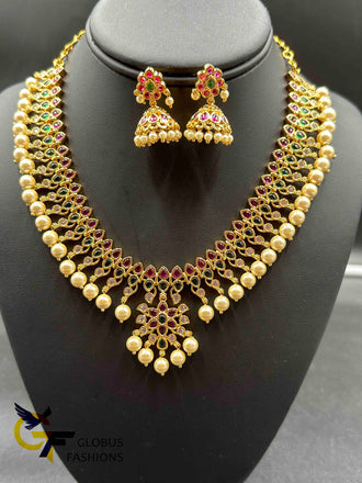 Pearls and multicolor stones with matching jumka earrings
