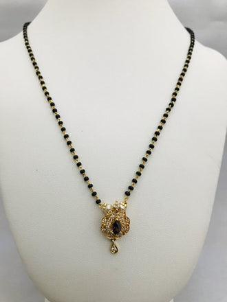 Simple single line black beads chain with small cz stones pendant - Globus Fashions