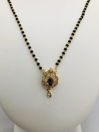 Simple single line black beads chain with small cz stones pendant - Globus Fashions