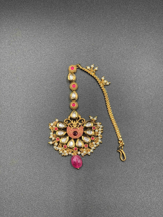 Traditional look kundan stones and ruby stones with pearls long Tikka - Globus Fashions