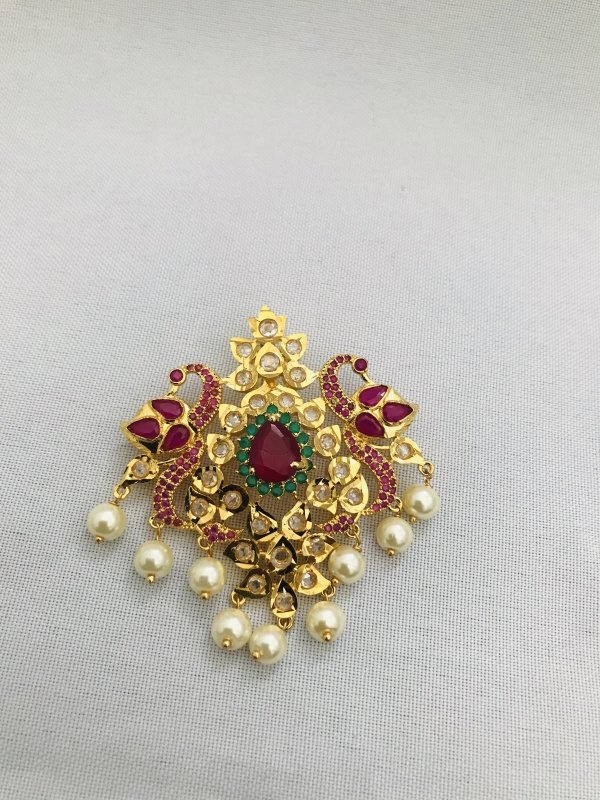 Traditional look peacock design multicolor stones with pearls pendant and earrings - Globus Fashions