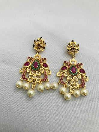 Traditional look peacock design multicolor stones with pearls pendant and earrings - Globus Fashions