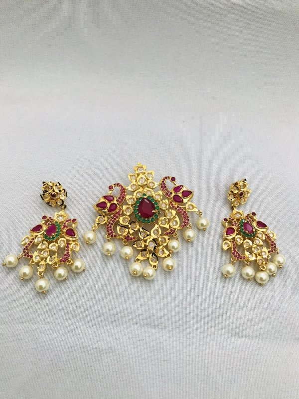Traditional look peacock design multicolor stones with pearls pendant and earrings - Globus Fashions