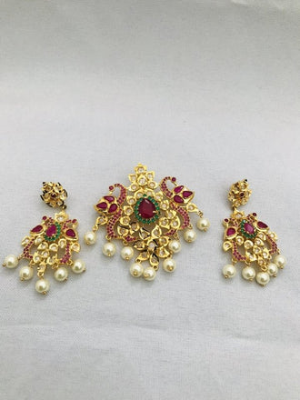 Traditional look peacock design multicolor stones with pearls pendant and earrings - Globus Fashions